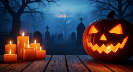 Obraz premium Illuminated pumpkin and candles on wooden planks against a dark graveyard scene, representing Halloween tradition, mystery, and seasonal celebration