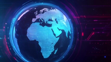 A digital artwork depicting a digital world map overlaid with a circuit board background. The globe is depicted in a circular frame, surrounded by a digital matrix of blue and purple hues. - Powered by Adobe