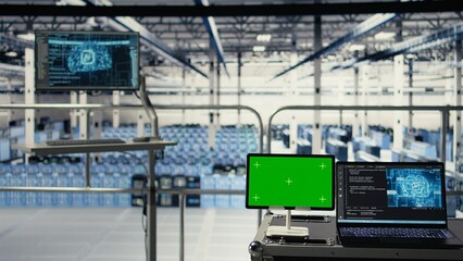 Fototapeta premium Mockup device in data center with supercomputers gear built for artificial intelligence prediction models. Green screen tablet in server room with neural networks tech detecting data patterns