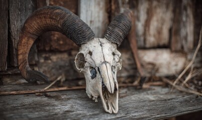 Obraz premium Weathered Ram Skull Resting on a Rustic Wooden Surface.