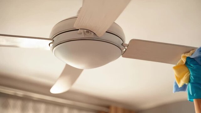 Medium shot of a person dusting a ceiling fan blade focusing on careful movement to remove accumulated dust from hardtoreach areas with soft cleaning tools.
