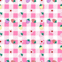 seamless pattern of strawberries and small flowers on pink gingham background