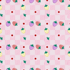 seamless pattern of strawberries and small flowers on pink gingham background