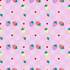 seamless pattern of strawberries and small flowers on pink gingham background