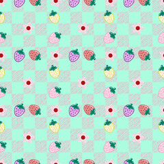 seamless pattern of strawberries and small flowers on pink gingham background