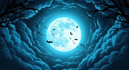Spooky Halloween night with a glowing moon, bats flying, and dark clouds creating an eerie, atmospheric scene perfect for seasonal designs