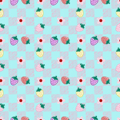 seamless pattern of strawberries and small flowers on pink gingham background
