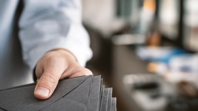 Medium shot of a stack of tiered loyalty program envelopes being arranged neatly by a person in an office setting