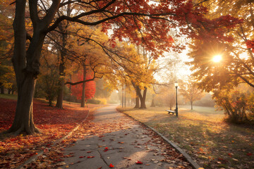 A autumn park pathway covered in fallen leaves with shadows of sun ,fall different weather 