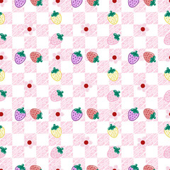 seamless pattern of strawberries and small flowers on pink gingham background.