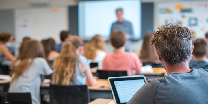 Man is sitting in a classroom with a laptop open - Powered by Adobe