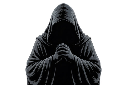 Dark hooded figure with clasped hands, shrouded in shadow, evokes mystery and contemplation.