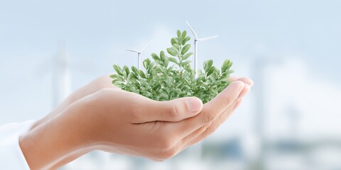 Hand holding a plant with three wind turbines in the background