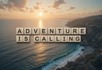 Adventure Awaits with Letters on Scenic Coastline at Sunset