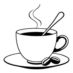 Illustration of a cup of coffee with a spoon and coffee beans.