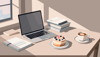 Office desk with a delicious cake and coffee in a cozy working environment