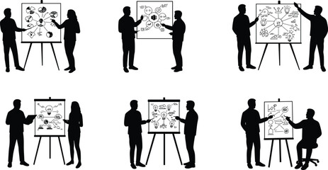 Silhouettes of people presenting ideas, brainstorming, teamwork, business strategy, innovation concept, meeting discussion, cad drawing flat vector illustration
