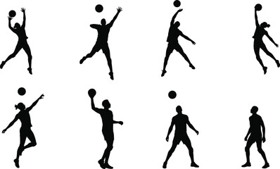 Athlete silhouettes with ball, basketball and volleyball action poses, jumping, throwing, catching, sports movement, cad drawing flat vector illustration
