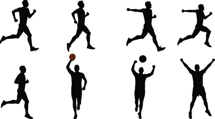 Athletic silhouettes of people running, jumping, basketball, soccer, celebrating victory, fitness training, sports movement, cad drawing flat vector illustration