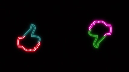 Abstract Glowing neon line Hand thumb up and thumb down icon isolated on black background. Neon flashing Outline colourful Like Icon and Dislike Icon vibrating seamlessly on black.4k video - Powered by Adobe