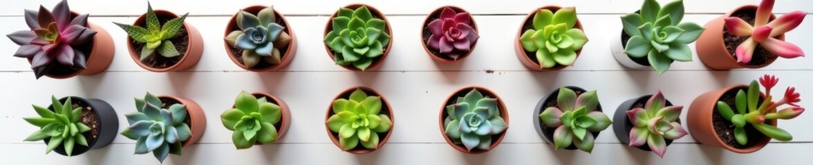 Obraz premium A collection of vibrant succulents in various pots, artfully arranged on a clean white surface, fresh, home garden, garden