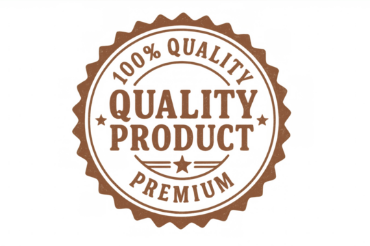 Quality product brown vintage premium stamp seal or badge with distressed texture on transparent background