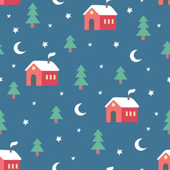 Vintage winter seamless pattern with cute houses stars trees and snowflakes. Cute Christmas design, Scandinavian style background. Vector illustration	