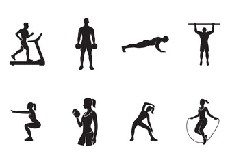 Fitness Silhouette Vector Set – Workout, Gym, Training, Running, Yoga, and Exercise Poses Illustration