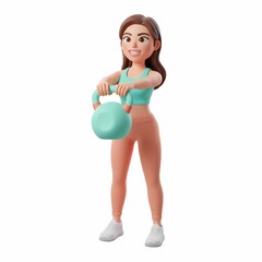 Fototapeta premium 3D Cartoon Woman Doing Kettlebell Swing Exercise - Fitness Strength Training Workout