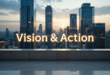 Obraz premium Inspirational View of Cityscape with Vision and Action Motivational Text