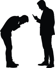 Couple silhouette, emotional disconnect, man bent forward distressed, woman pointing with smartphone, confrontation, lifestyle, cad drawing flat vector illustration