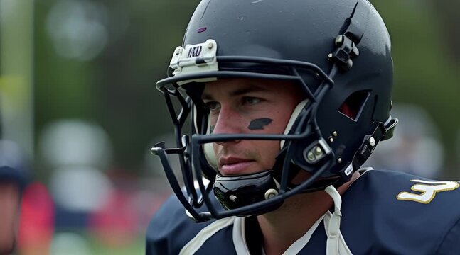 Serious young football player wearing protective helmet and uniform on the playing field concentrating before the critical moment of the game. - Powered by Adobe