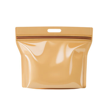 Empty tan stand up pouch with zipper and handle isolated on transparent background