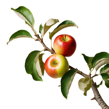 Two ripe apples on a branch with green leaves isolated on transparent background
