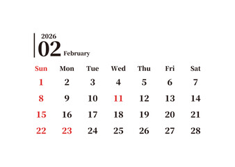 2026年2月のシンプルな日本の月間カレンダー 日曜始まり
