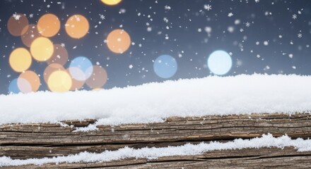  Snow-covered wood surface with falling snowflakes and blurry evening lights