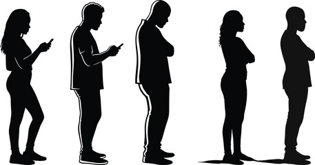 People silhouettes with mobile phones and crossed arms, standing in row, technology use versus body language, cad drawing flat vector illustration