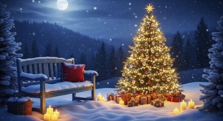 Cozy Winter Holiday Evening with Snowfall, Glowing Christmas Tree, Presents, and a Snow-Covered Wooden Bench