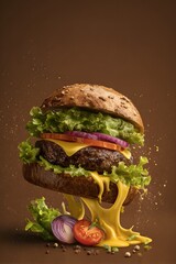 Juicy gourmet burger with melting cheese, fresh toppings, studio shot