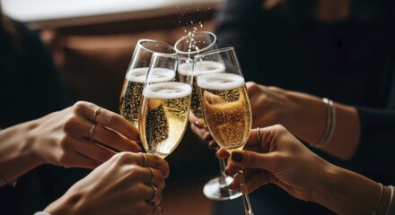 Hands clinking champagne glasses filled with bubbly liquid during a festive gathering