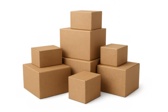 Cardboard boxes stacking, delivering, and moving goods, representing e-commerce, logistics, and shipping services