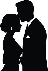 Romantic couple silhouette, man kissing woman forehead, elegant suit and dress, love, relationship, intimacy, lifestyle, cad drawing flat vector illustration