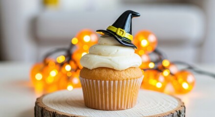 Delightful Halloween cupcake with witch hat, perfect for spooky celebrations and festive treats, ready for holiday promotions and seasonal designs