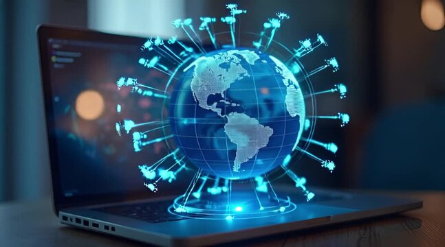 Global Pandemic or Cyber Threat Concept: Digital Earth with Virus Structure Erupting from Laptop Screen - Powered by Adobe
