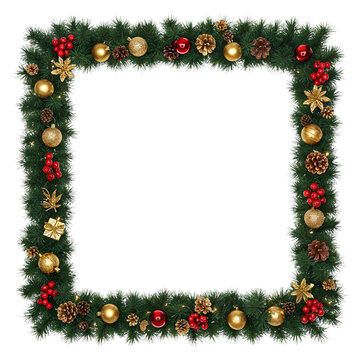 Decorative christmas garland square frame border with ornaments pinecones and bells festive holiday design isolated on transparent background