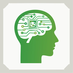 Conceptual representation of an artificial mind illustrated with green electronic circuits in a human head