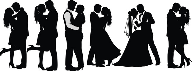 Romantic couple silhouettes, kissing, embracing, wedding attire, love, lifestyle, relationship, affection, cad drawing flat vector illustration