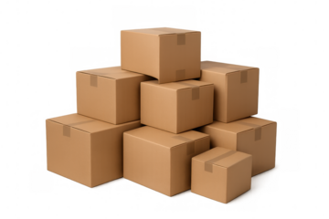 Stacked cardboard boxes representing shipping, moving, storage, parcel delivery, logistics, and supply chain concepts, transparent background