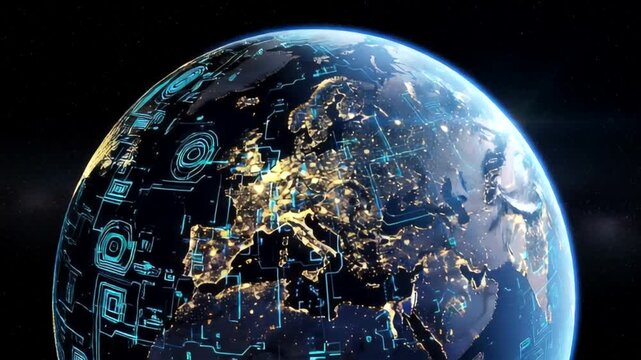 Stunning view of Earth from space at sunrise, showcasing city lights and geography