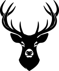Deer antler silhouette. Large curved antlers extend symmetrically from a deer�s head, also known as stag horns, symbolizing strength, wilderness, and majesty. Vector clipart black illustration design.